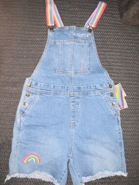 Denim Short Overalls with Rainbow Straps and Patch - Kids